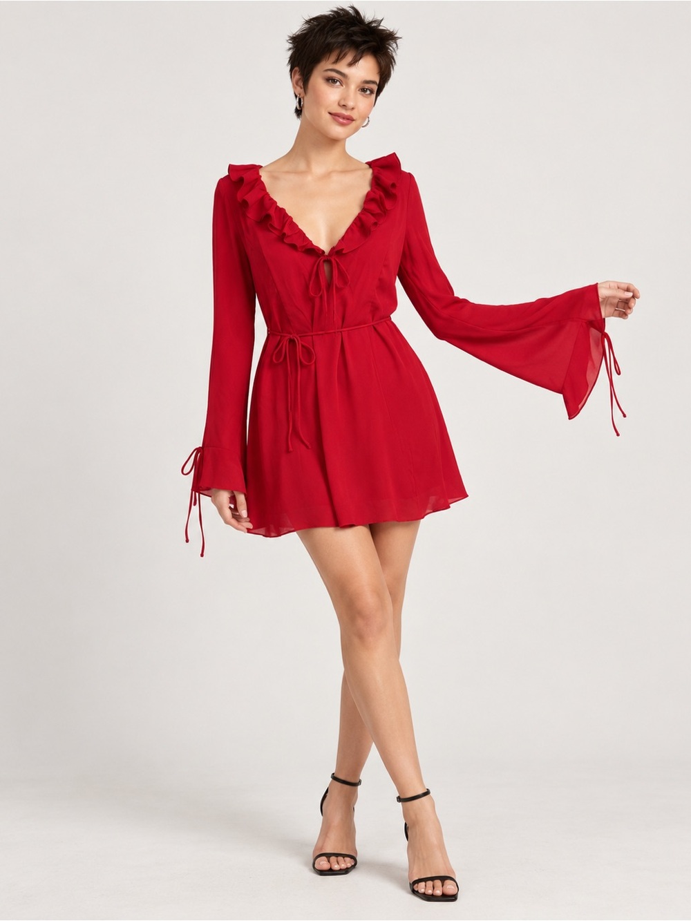 Red Ruffled V-Neck Long-Sleeve Mini Dress